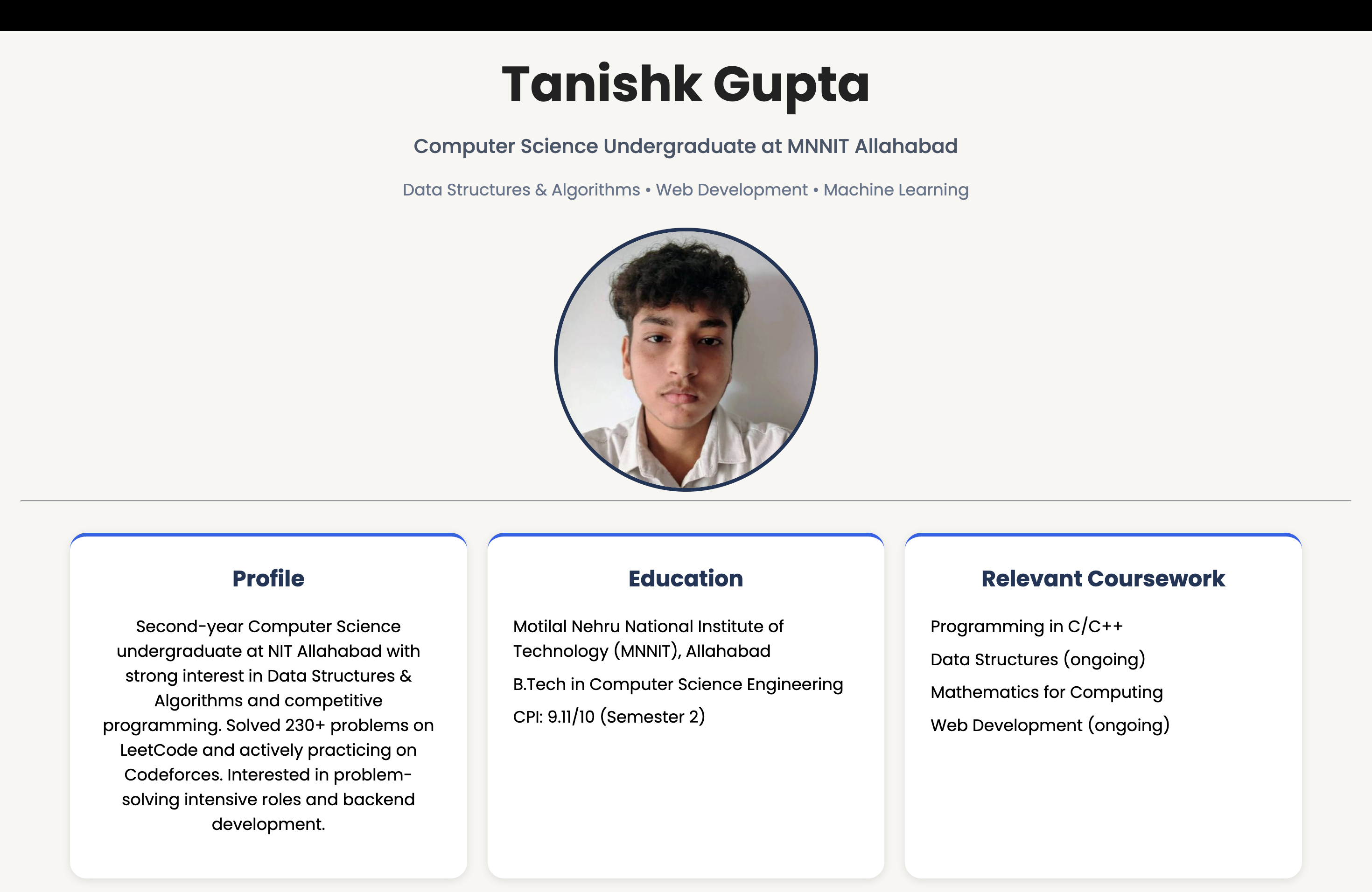 Screenshot of the basic portfolio website